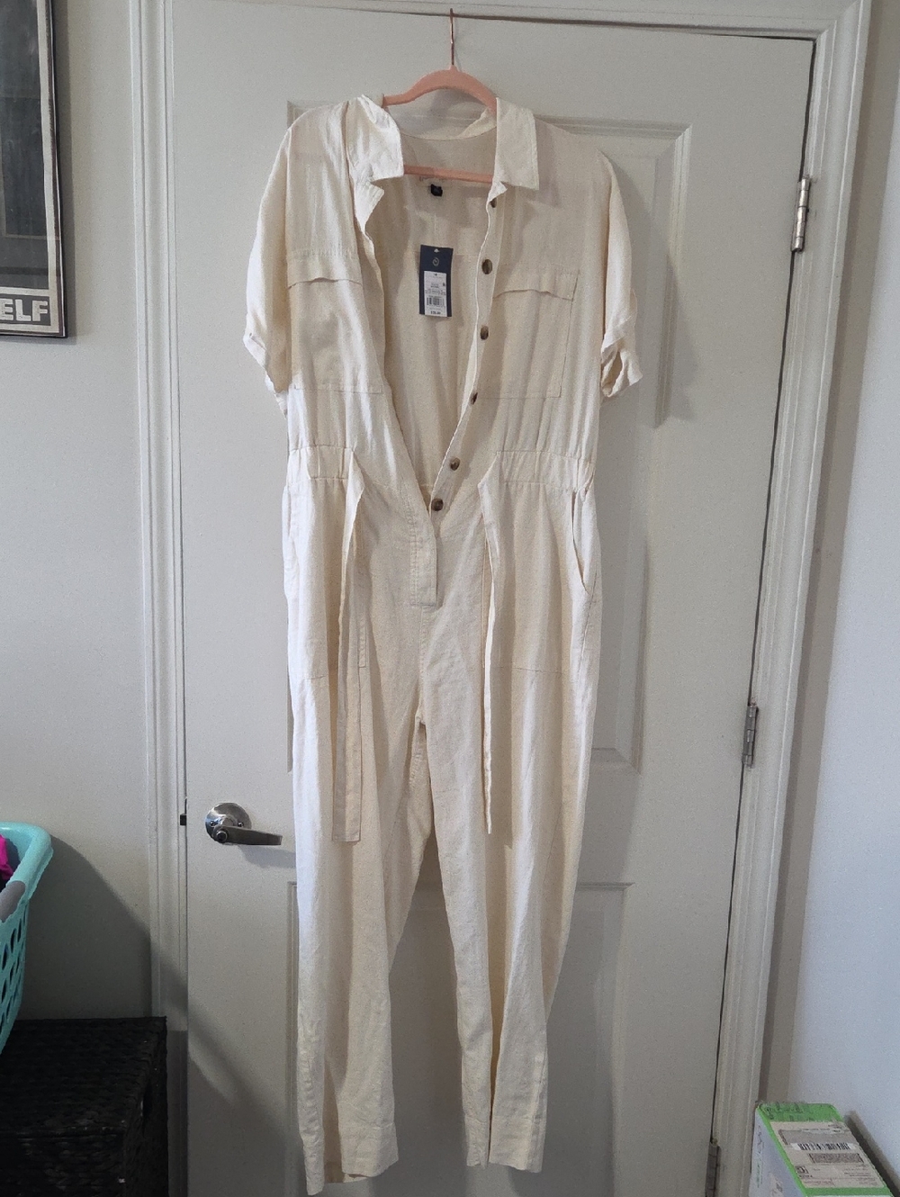 Universal Thread Cream Short-Sleeve Button-Front Jumpsuit